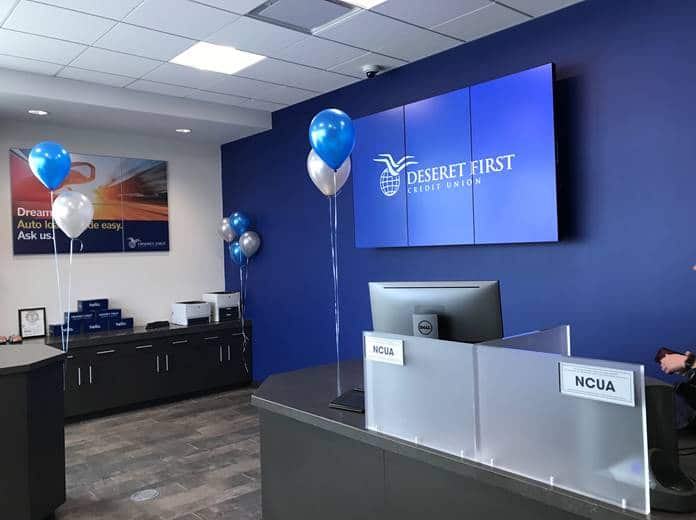 Taylorsville branch interior, with balloons and teller pods visible