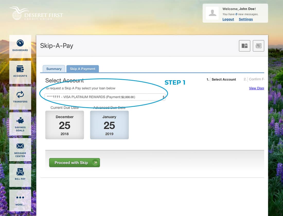 Screenshot of online banking with a circle highlighting the dropdown to select an account in Skip-A-Pay