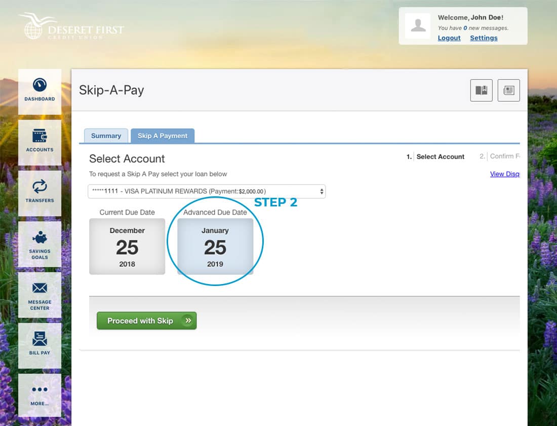 Screenshot of online banking with a circle highlighting the payment due date in Skip-A-Pay