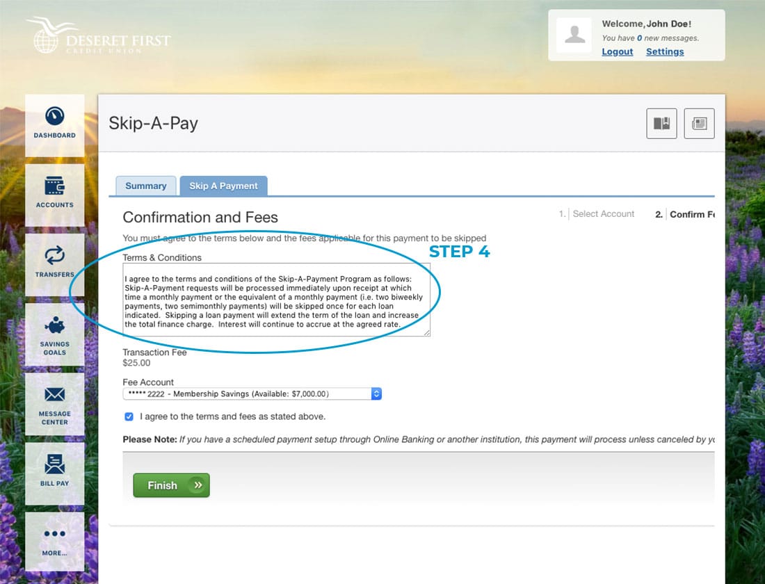 Screenshot of online banking with a circle around the terms & conditions section in Skip-A-Pay