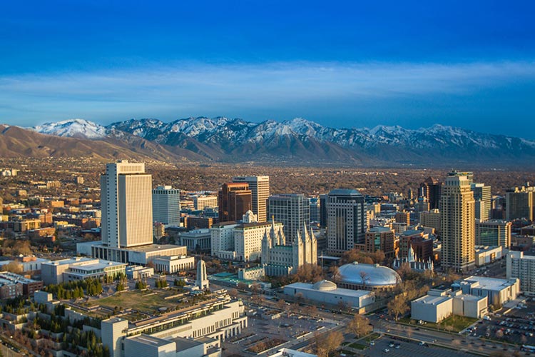 aerial view of downtown Salt Lake City, Wasatch mountains in the background