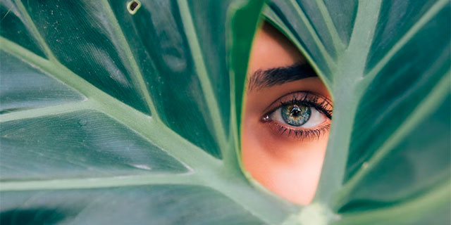 a woman peeking behind a plant